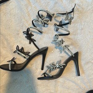 Elegant Black Strappy Heels with Rhinestone Accents